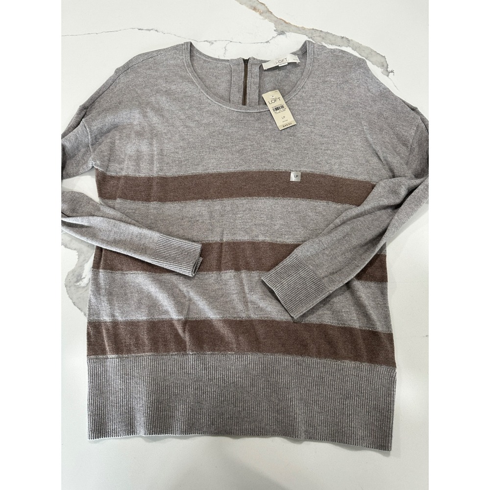Ann Taylor Loft‎ Women Petite Large Gray Brown Striped Shimmer Sweater NWT